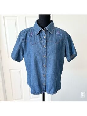 Vintage Ash Creek Unicorn Embroidered Short Sleeve Denim Western Shirt